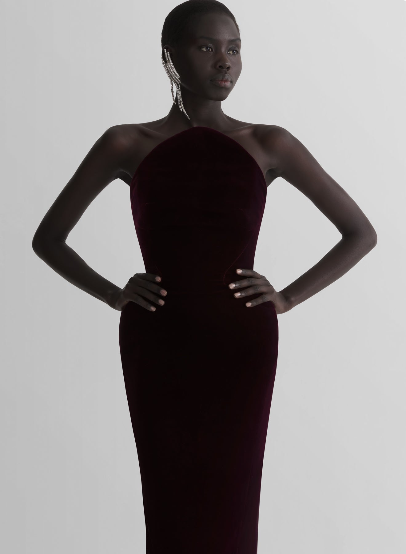 burgundy rounded bustier velvet gown