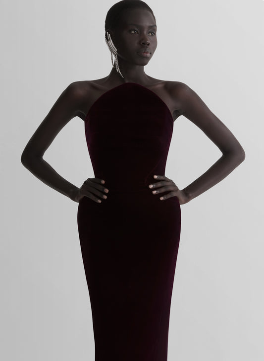 burgundy rounded bustier velvet gown