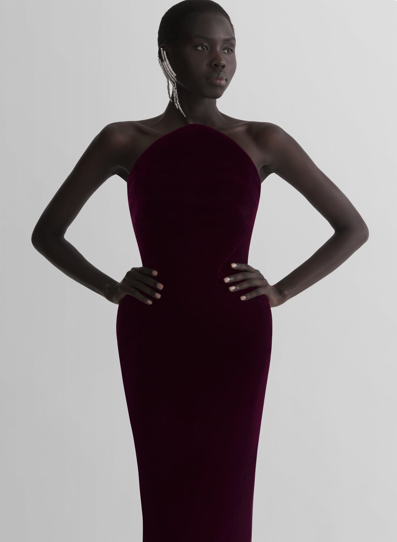 burgundy rounded bustier velvet gown