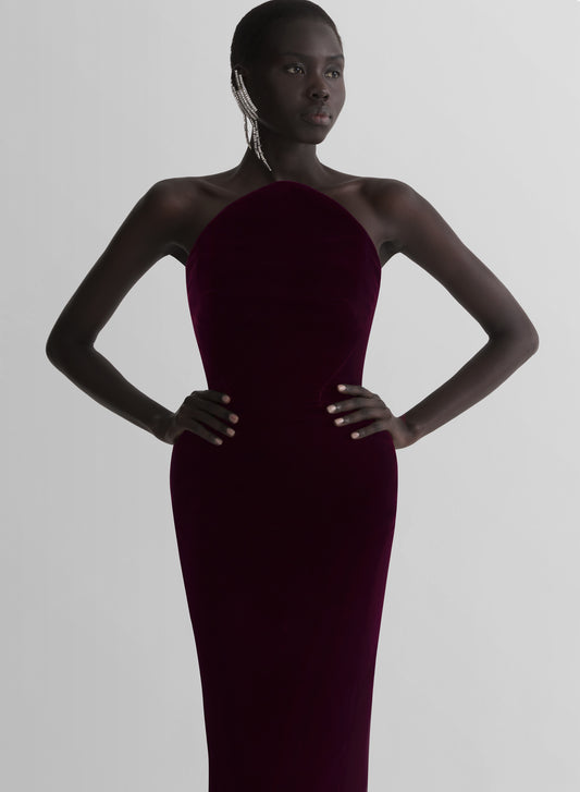 burgundy rounded bustier velvet gown