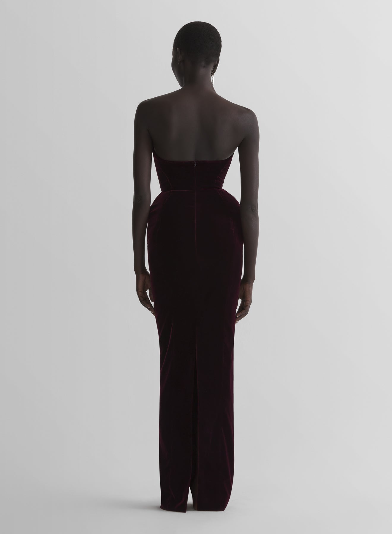 burgundy rounded bustier velvet gown