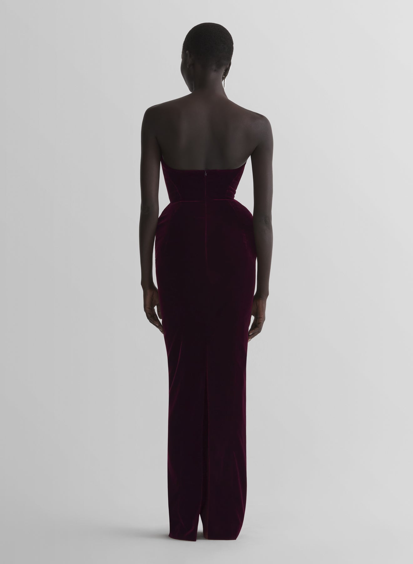 burgundy rounded bustier velvet gown