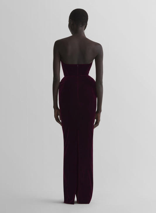 burgundy rounded bustier velvet gown