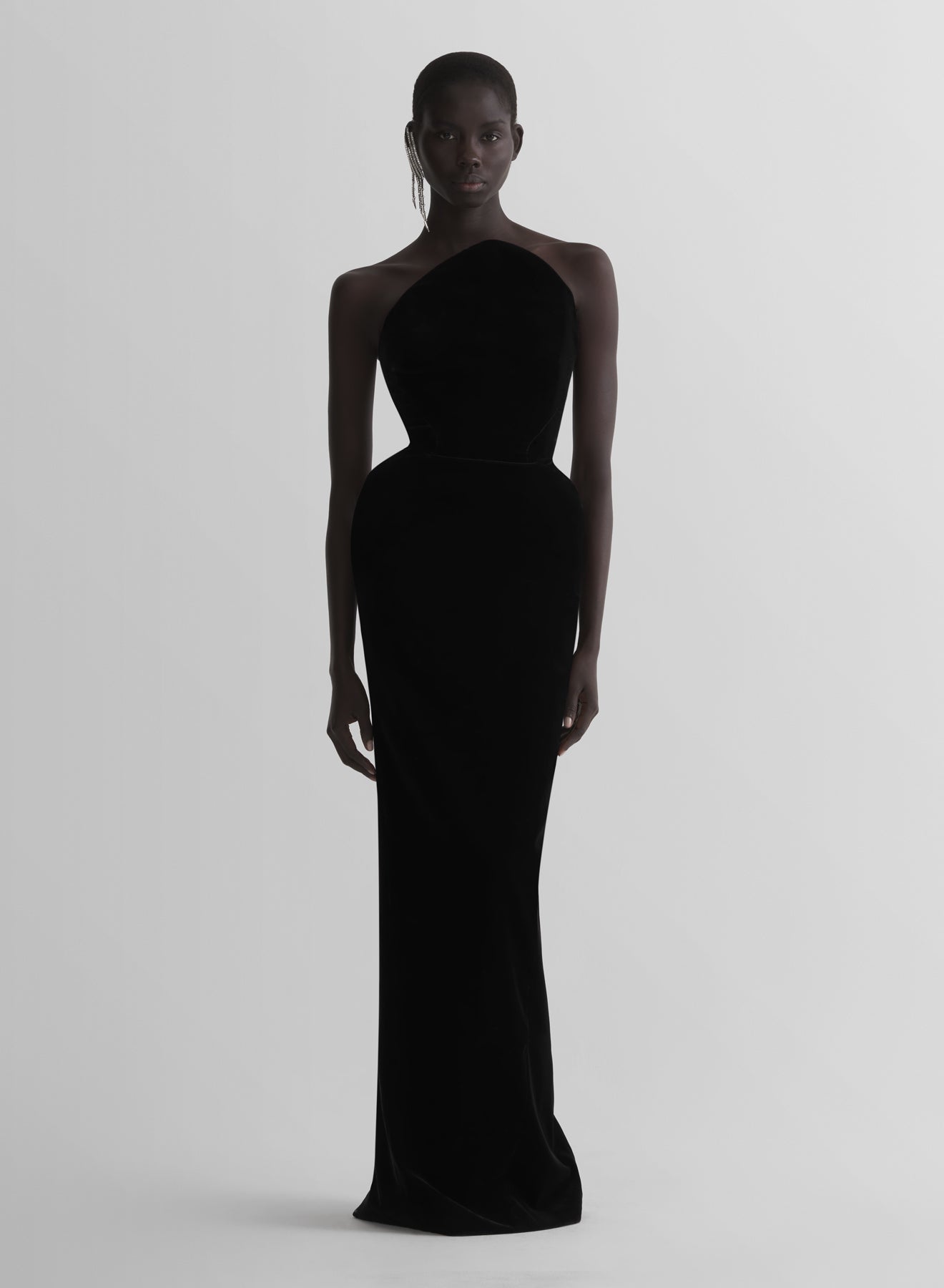 black rounded bustier velvet gown