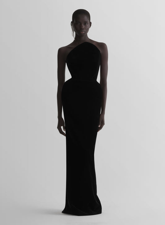 black rounded bustier velvet gown