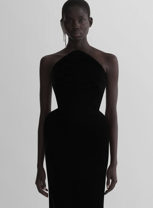 black rounded bustier velvet gown