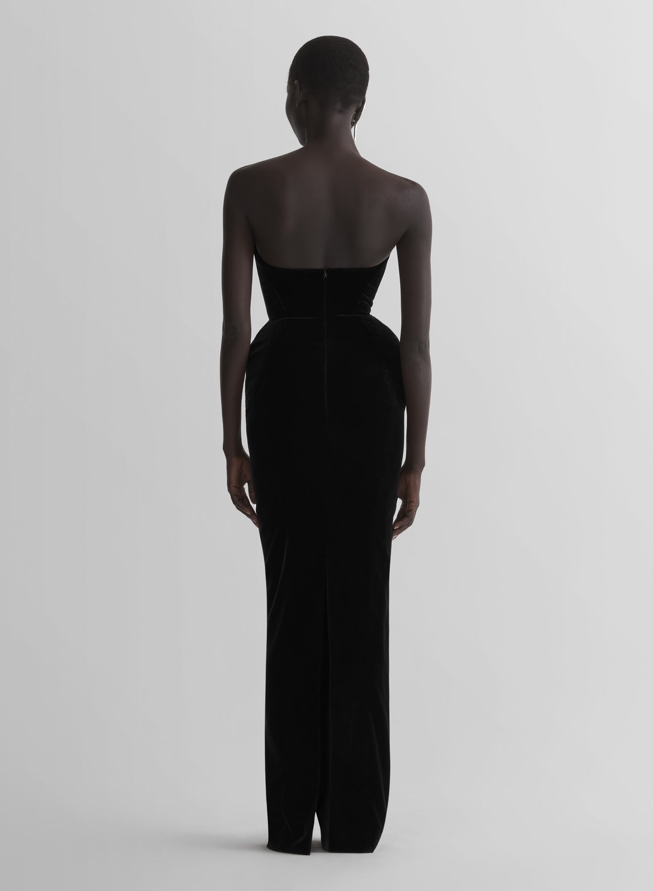 black rounded bustier velvet gown