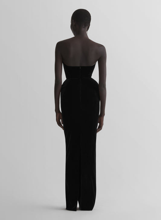 black rounded bustier velvet gown