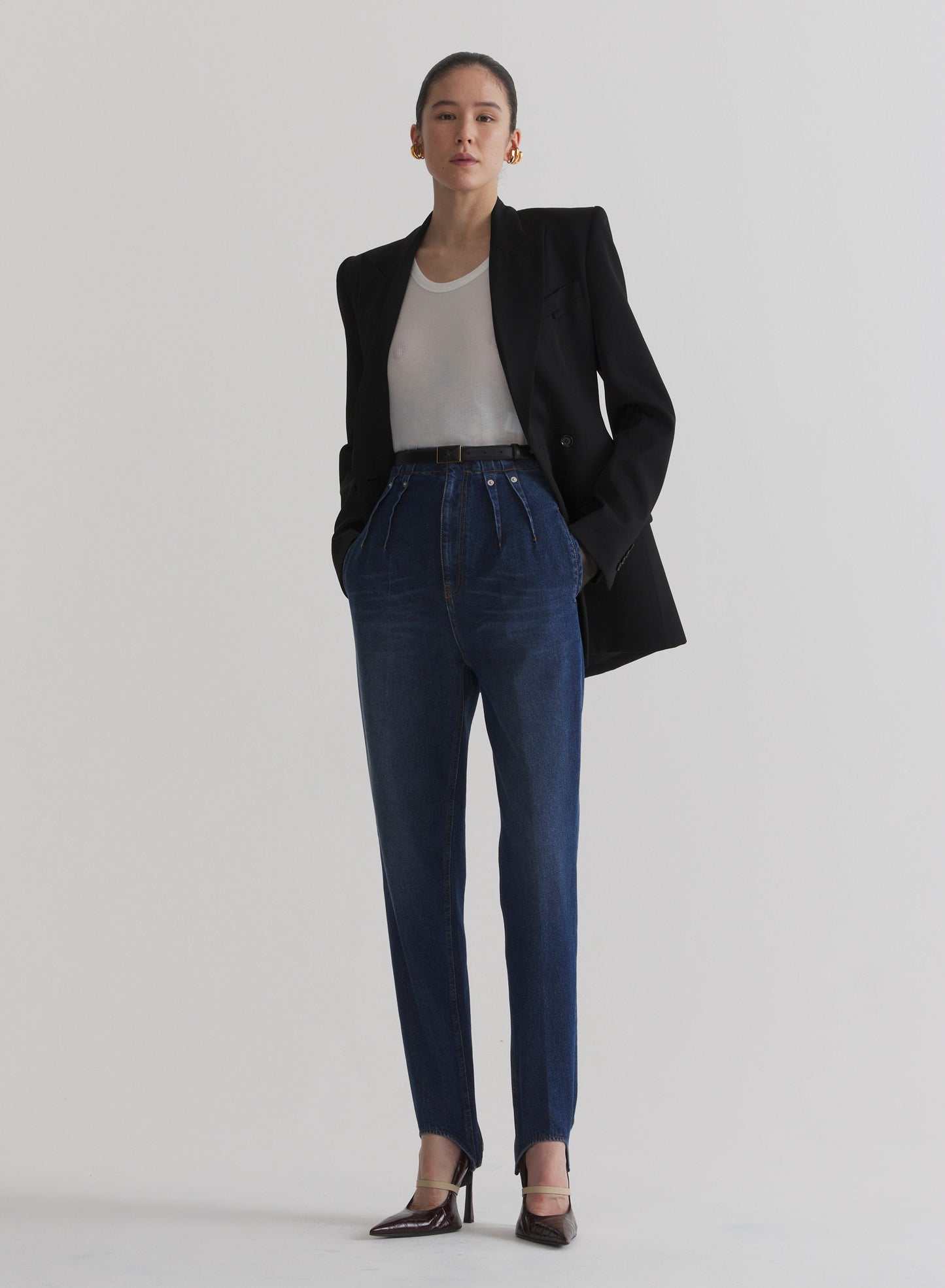 washed denim cigarette stirrup trousers