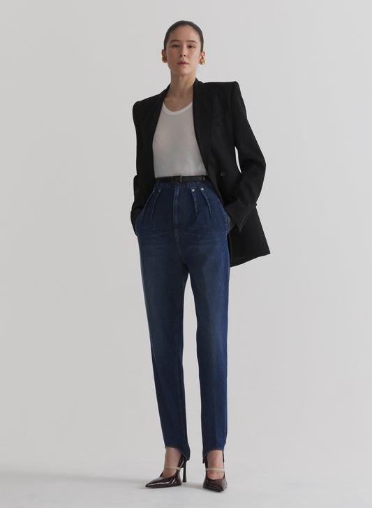 washed denim cigarette stirrup trousers