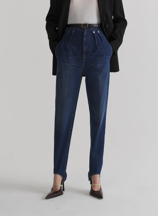 washed denim cigarette stirrup trousers