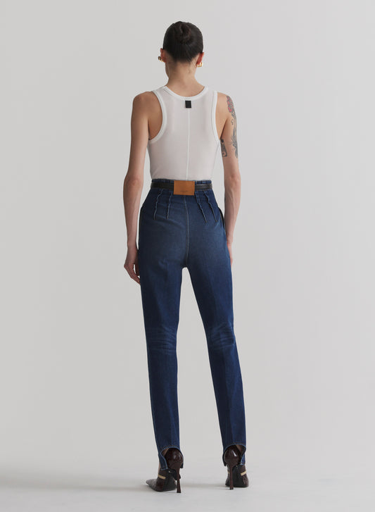 washed denim cigarette stirrup trousers
