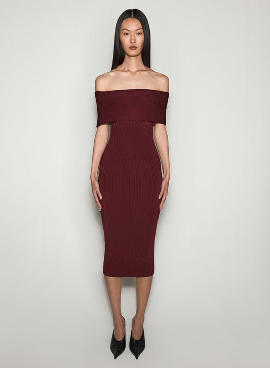 vampire red off-shoulder sculpting knit dress