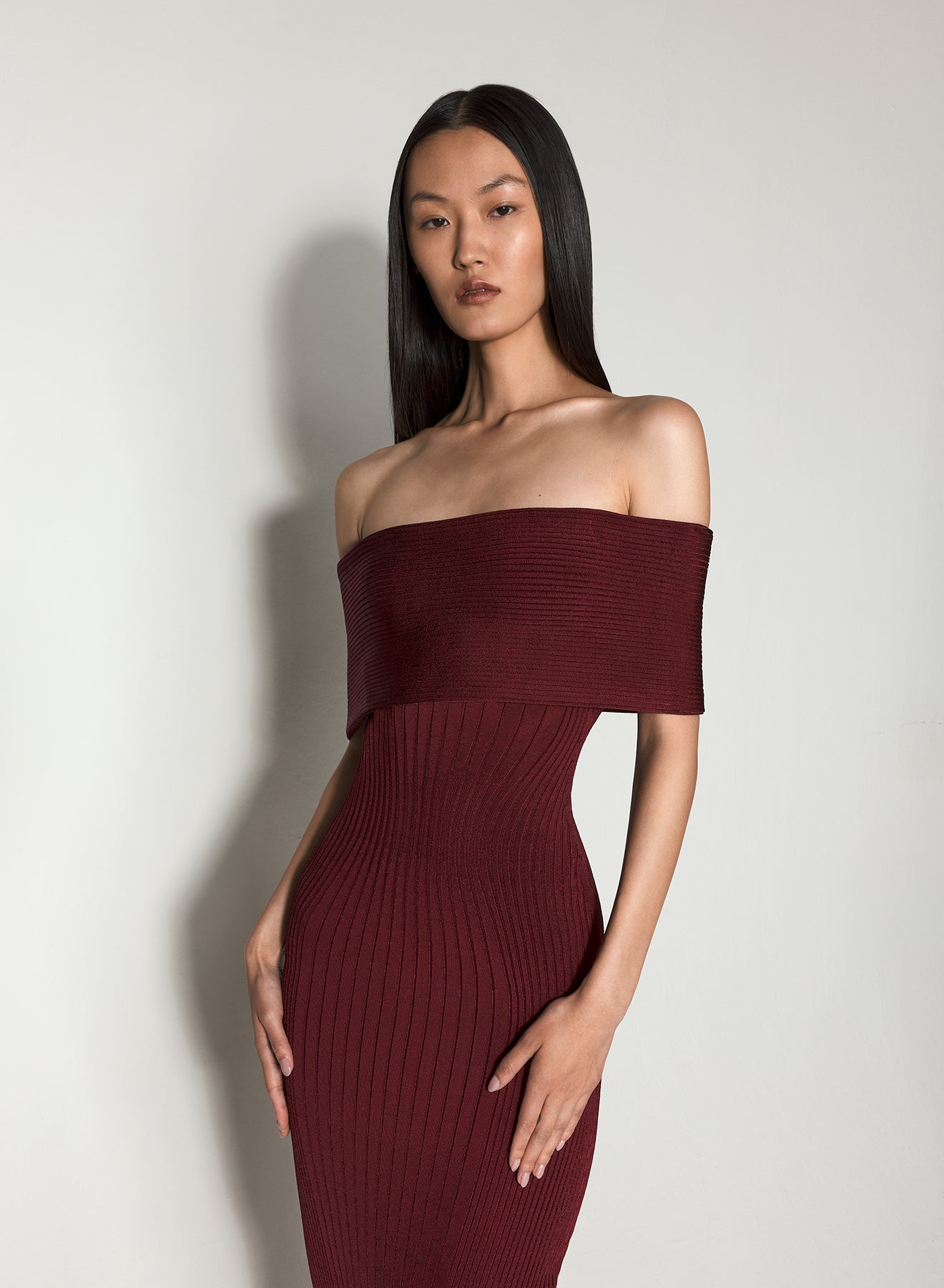 vampire red off-shoulder sculpting knit dress