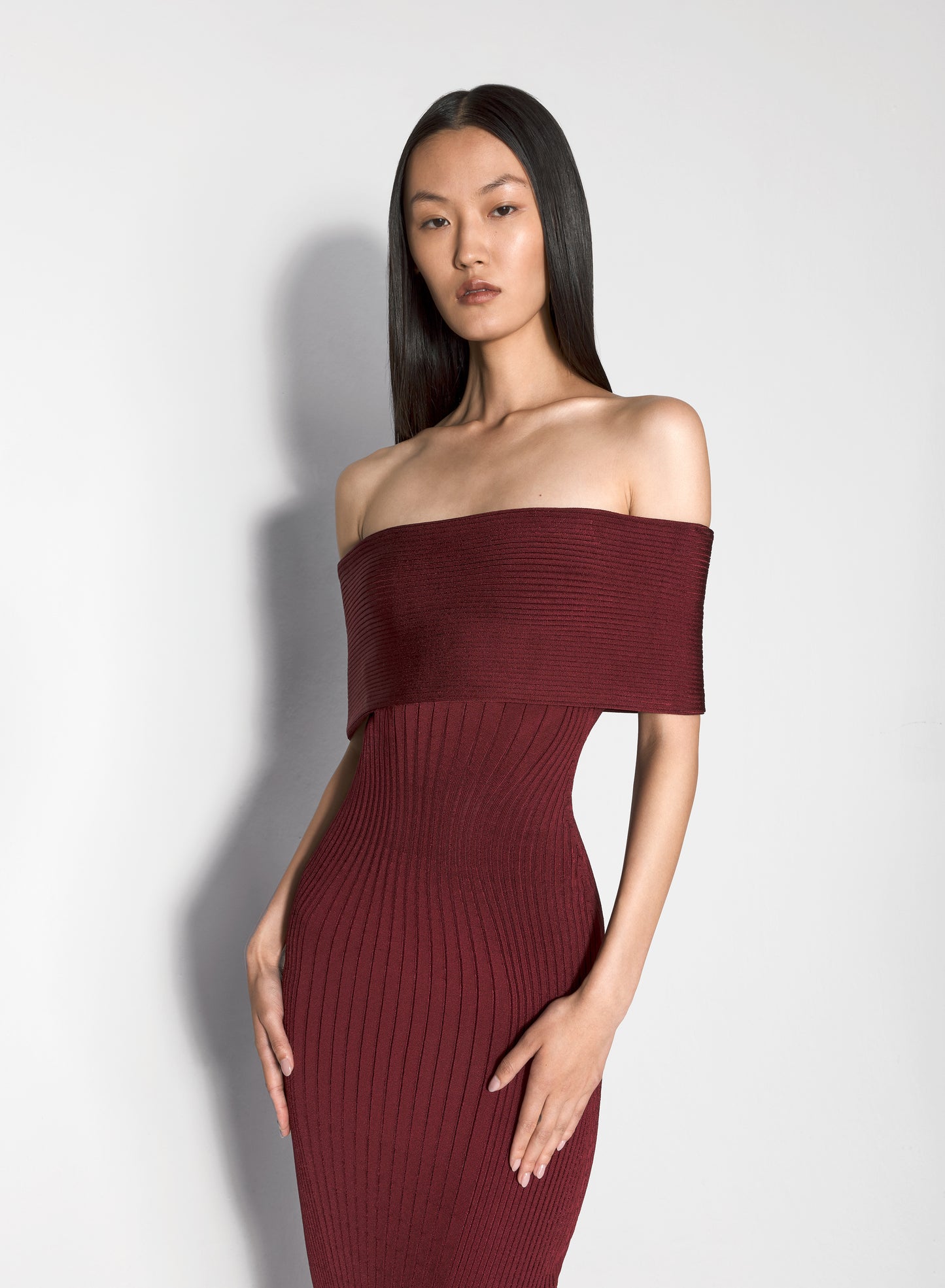 burgundy off-shoulder sculpting knit dress