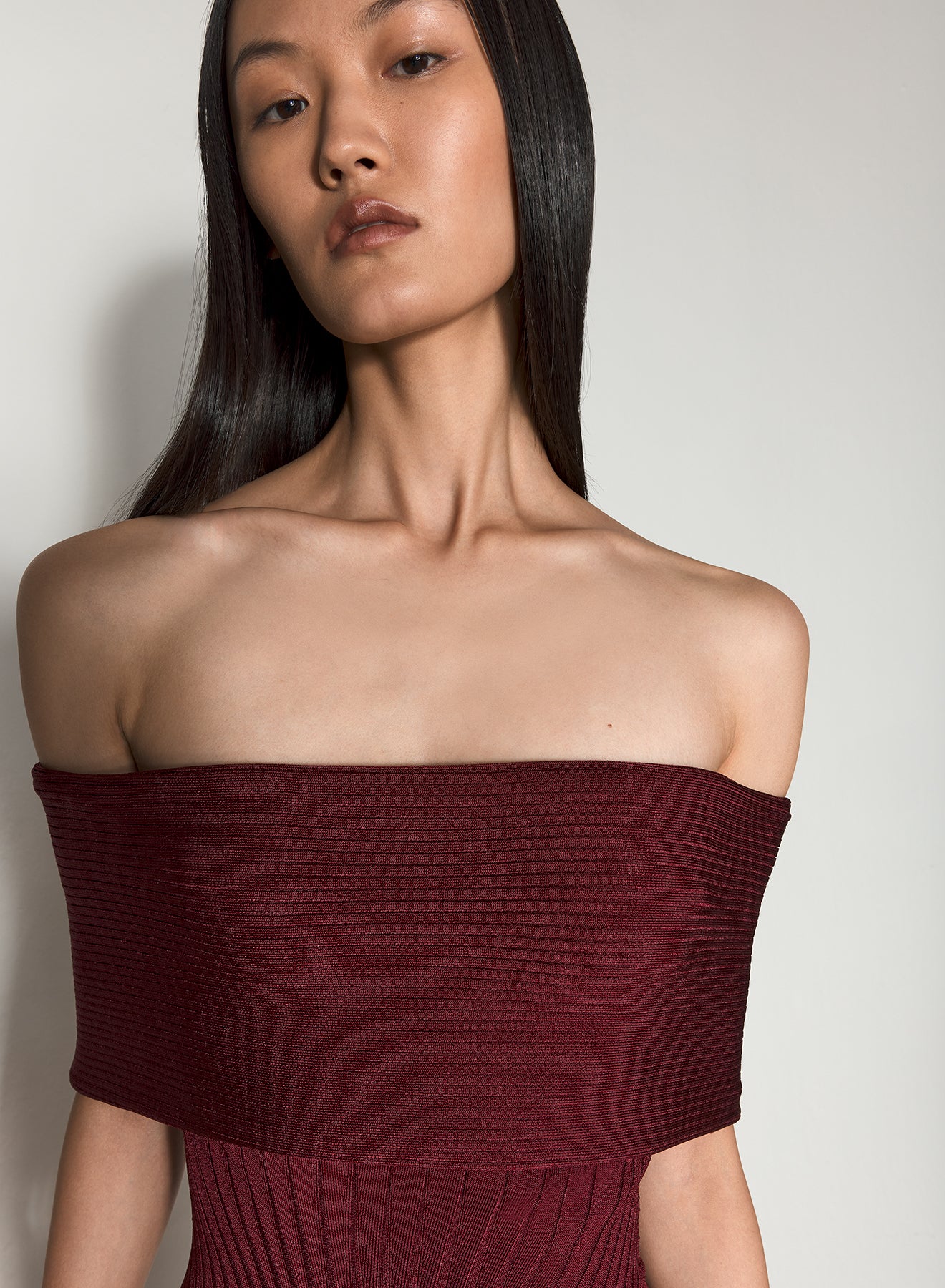 vampire red off-shoulder sculpting knit dress