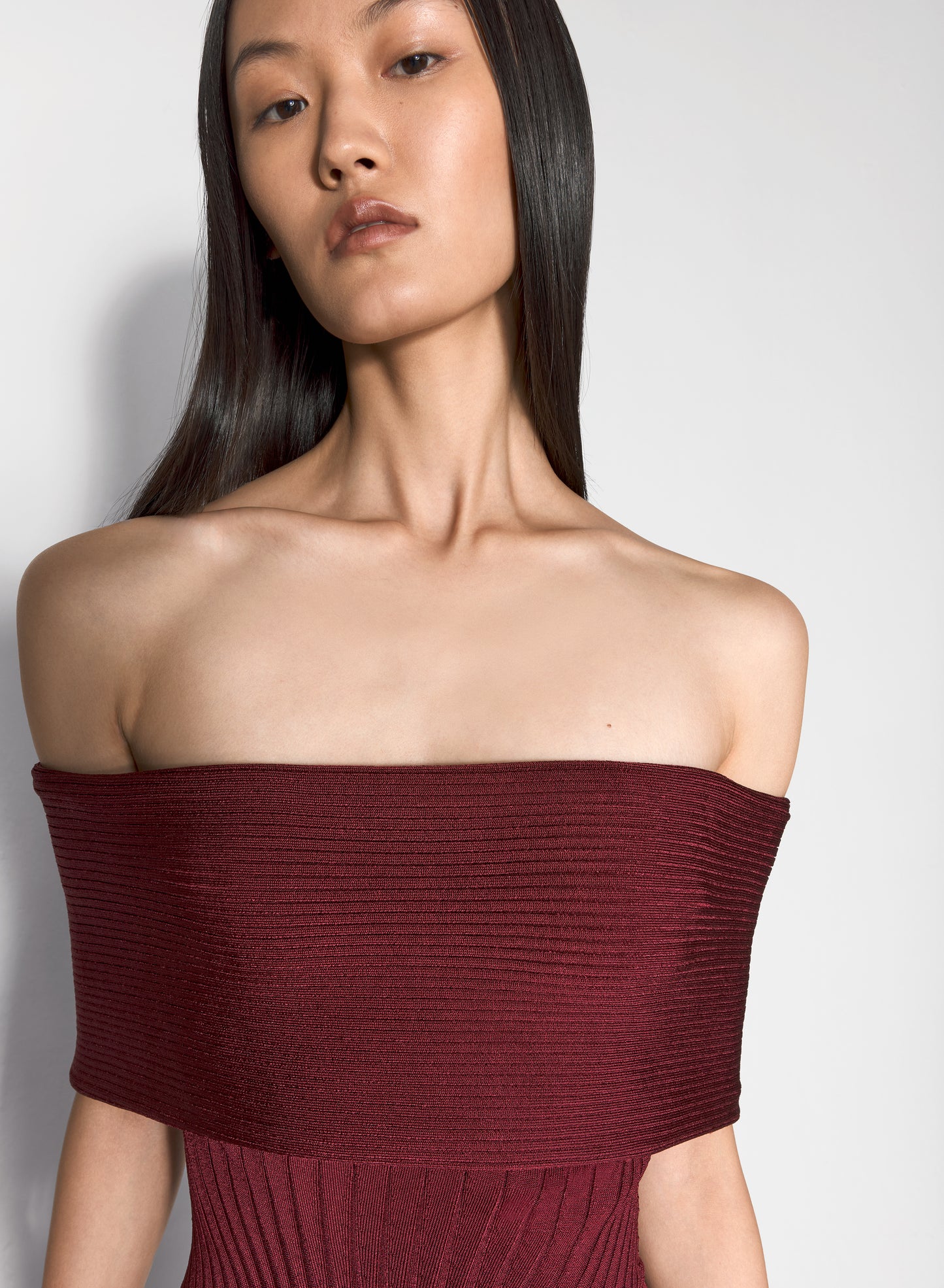 burgundy off-shoulder sculpting knit dress