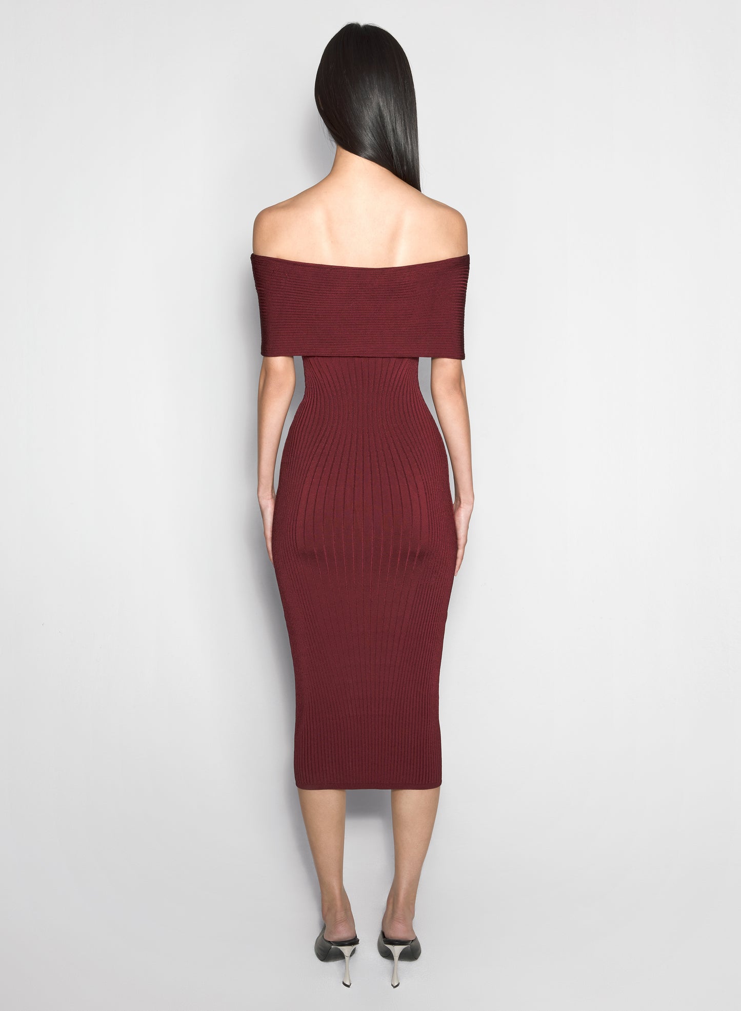 burgundy off-shoulder sculpting knit dress