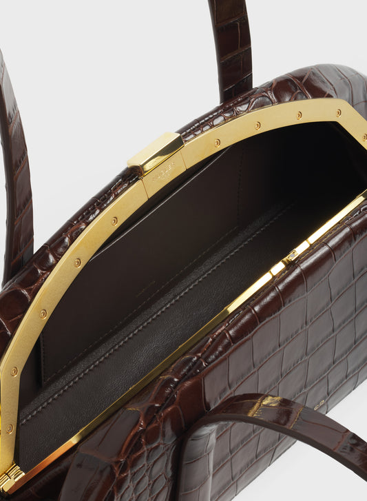 brown lua bag croc embossed leather