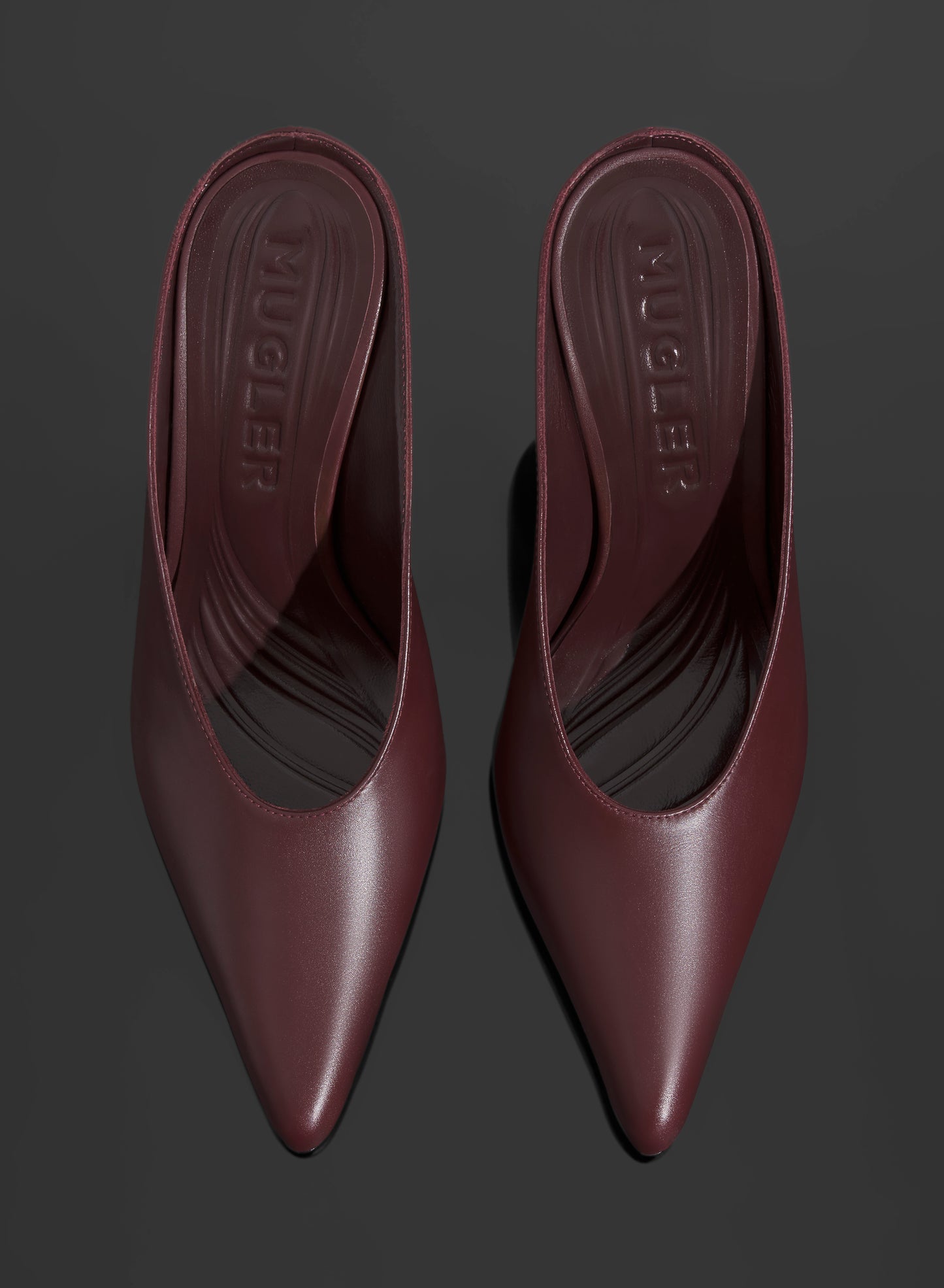 burgundy curved heel mules