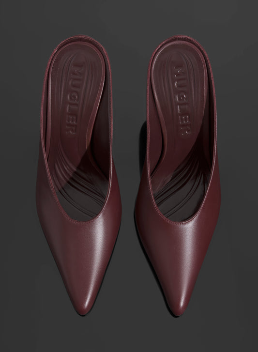 burgundy curved heel mules