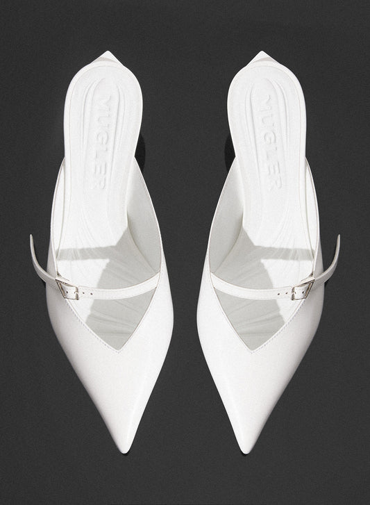 white Fang 55 mules with strap