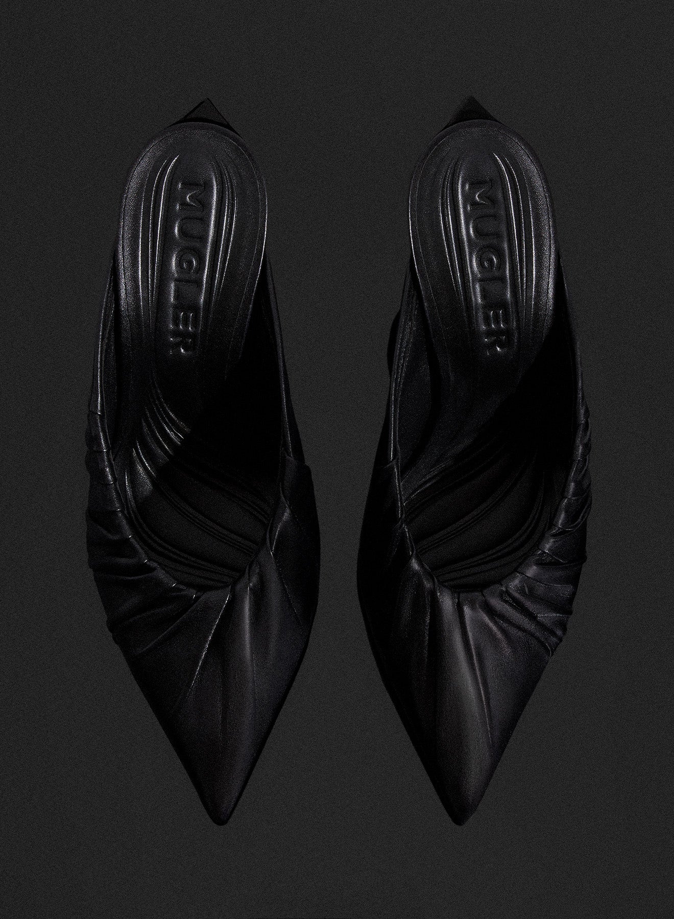 black draped Fang 95 mules