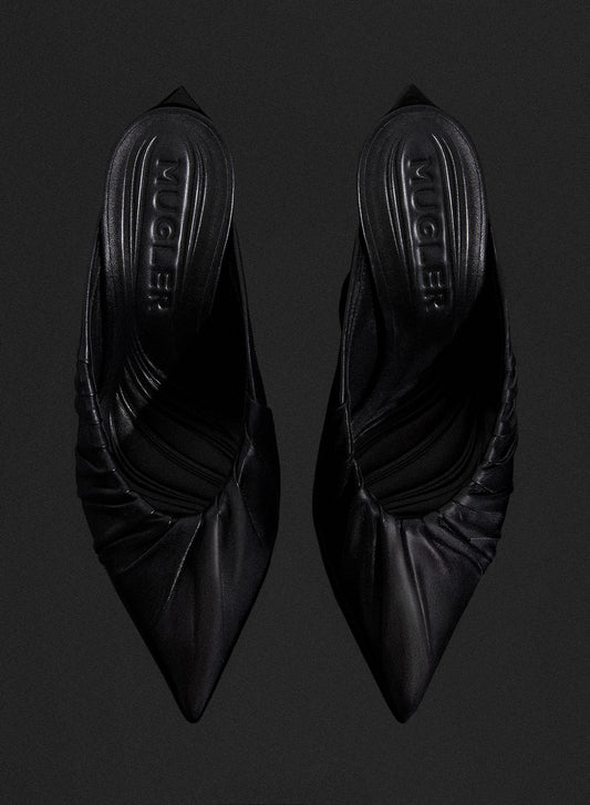 black draped Fang 95 mules