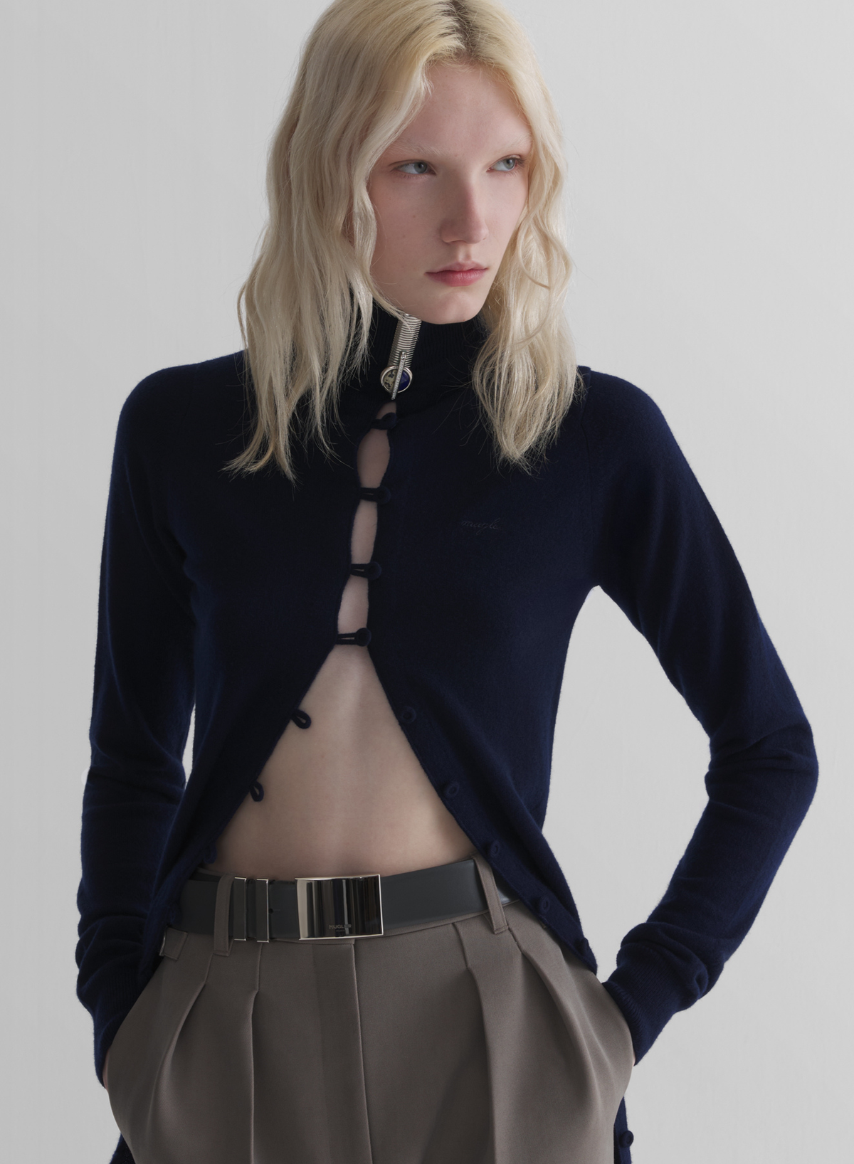 navy cashmere open cardigan